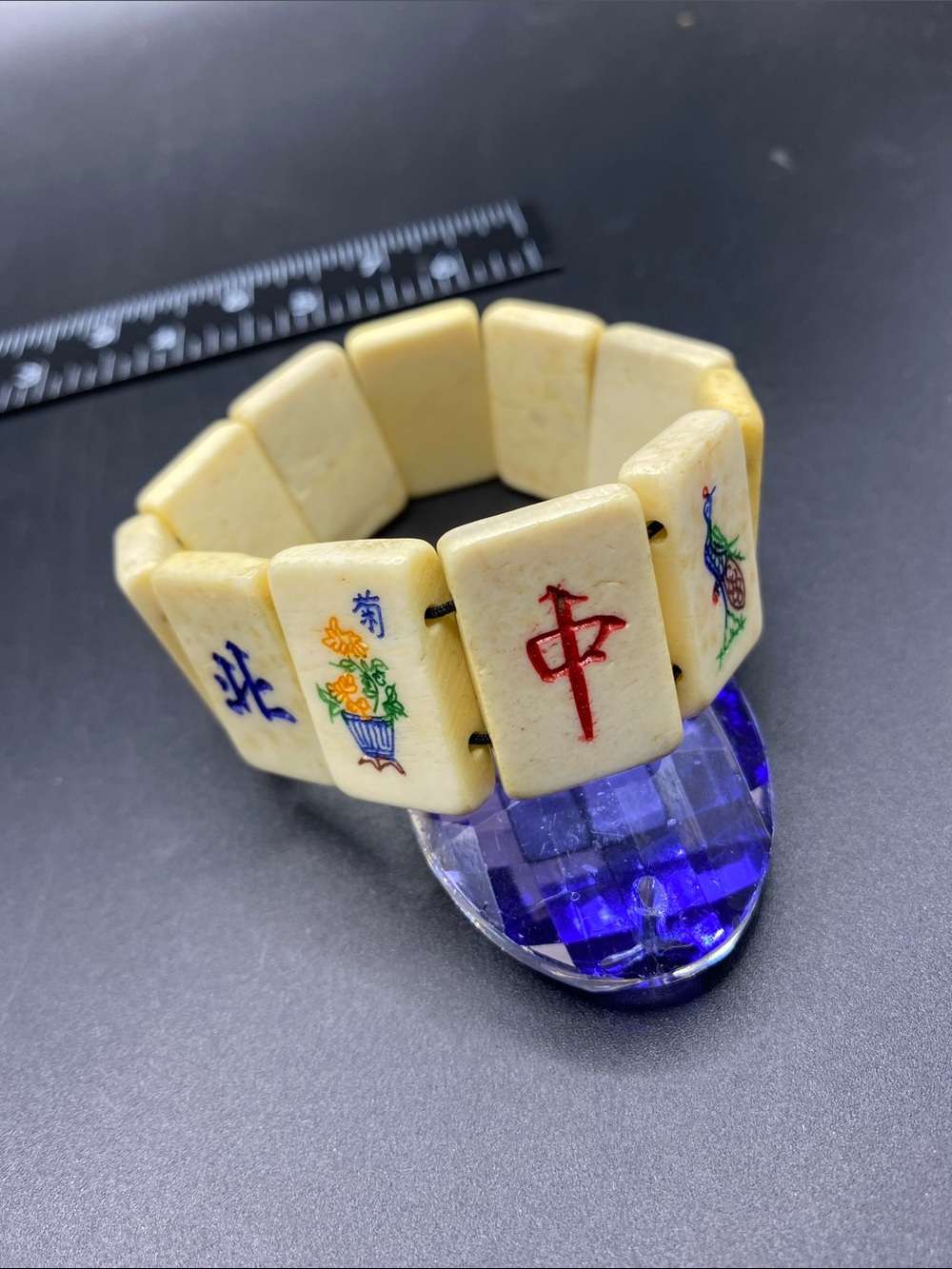 Vtg Mahjong Tile Bracelet Stretchy Asian Bovine Bone